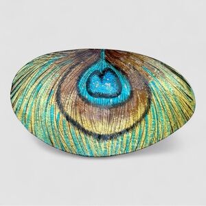 Hand-Painted Peacock Feather Decorative Glass Display Platter 16.5” x 10” Oval